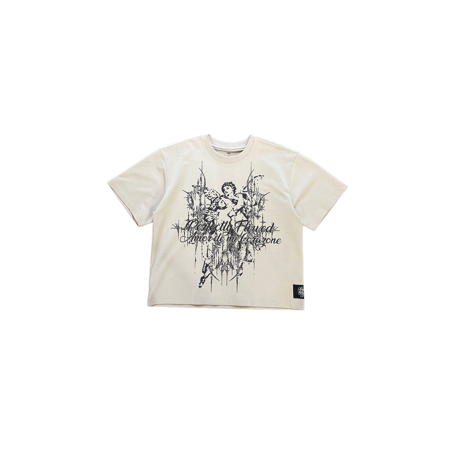White t-shirt with black graphic design on a white background