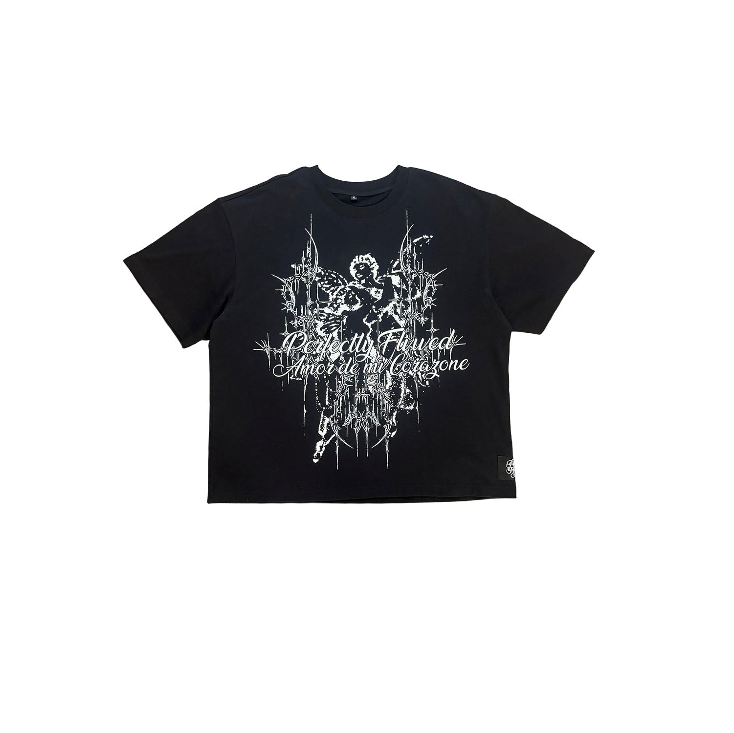 Black t-shirt with white graphic design on a white background